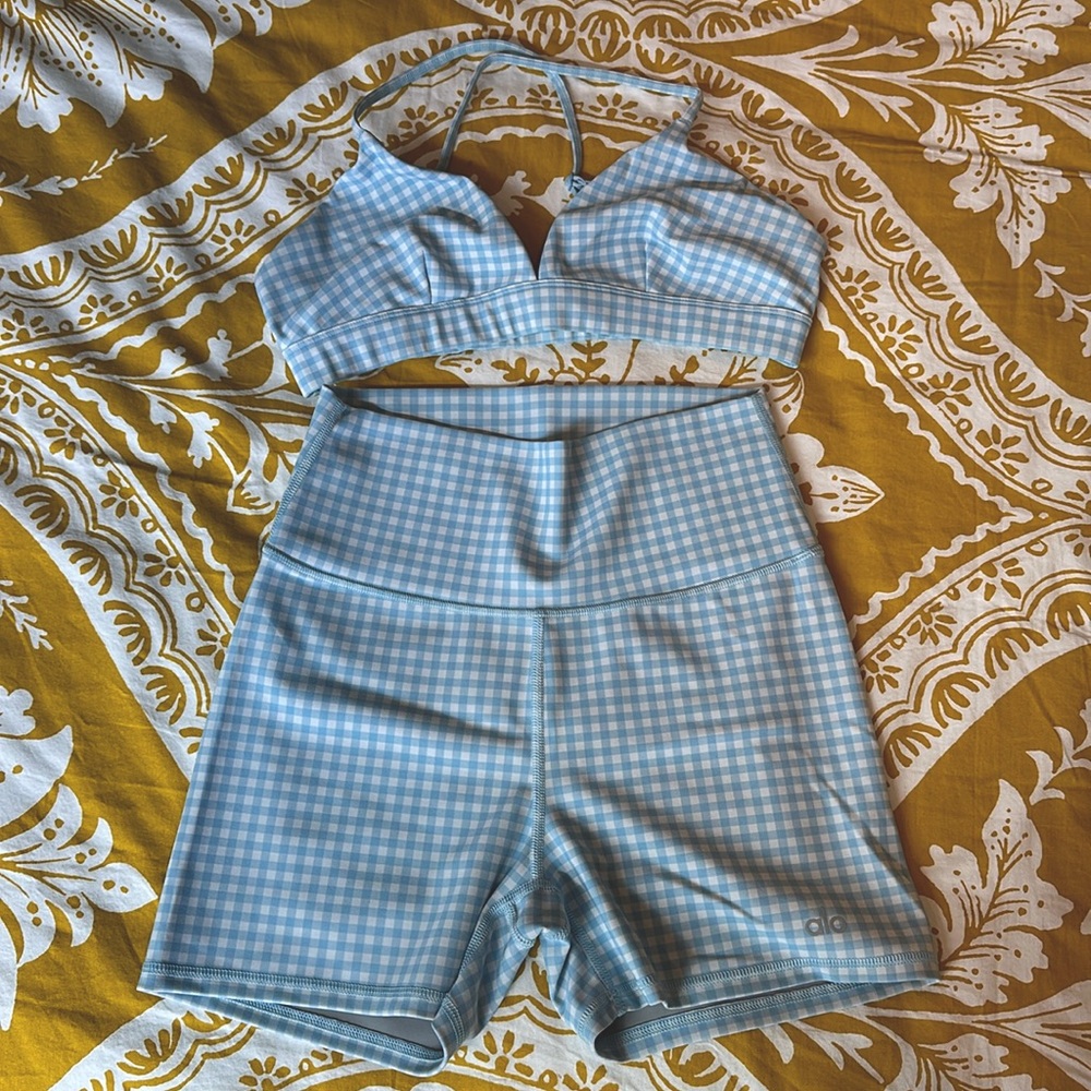 Alo blue gingham biker short and bra set - like new
